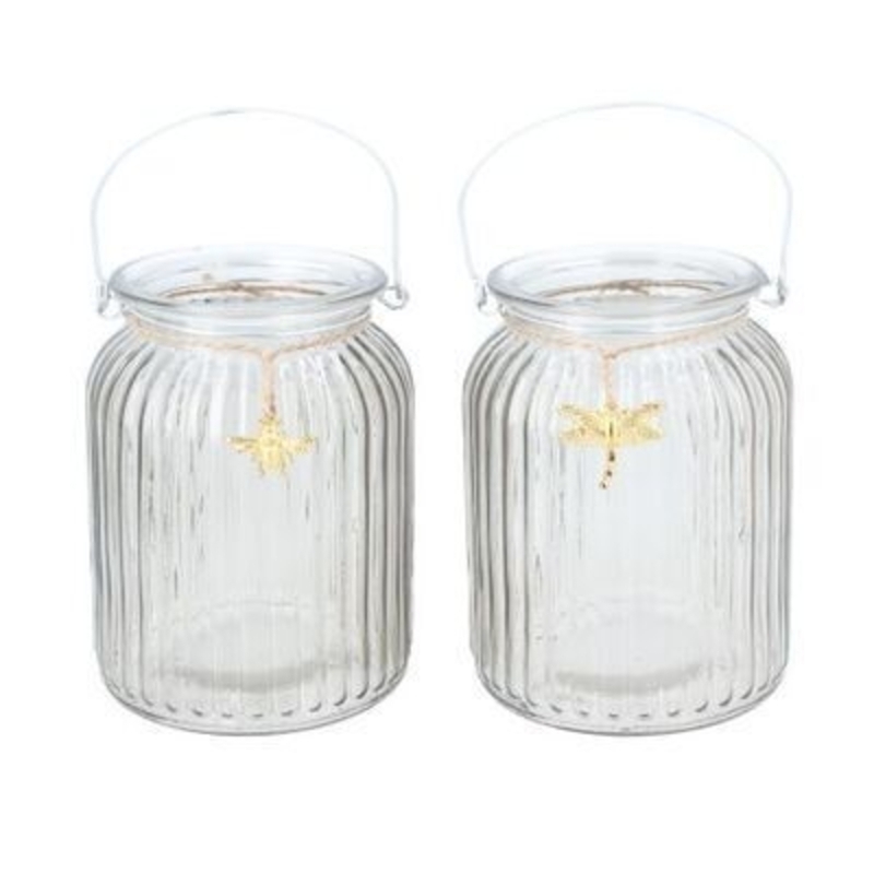 Grey glass ribbed tea light jar with metal handles and string and bug detail. A lovely addition to your home for Spring and the perfect gift for Mothers day. 2 designs. By Gisela Graham.